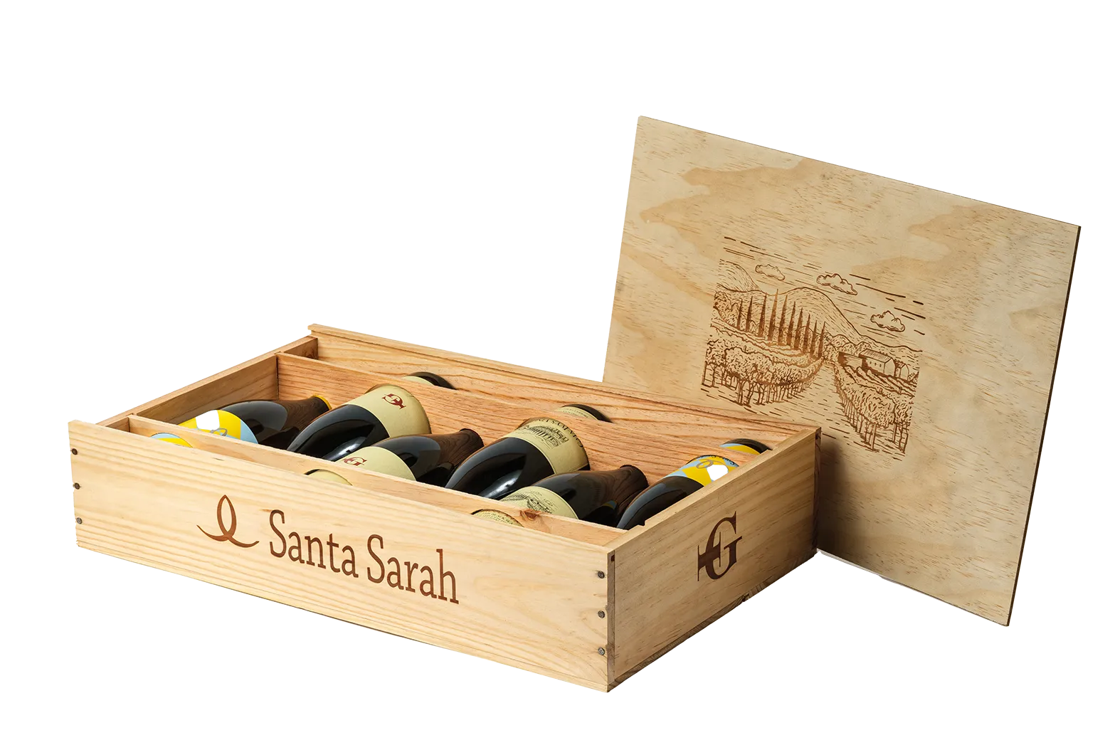 Pinot Noir, Syrah, Chardonnay in wooden crate